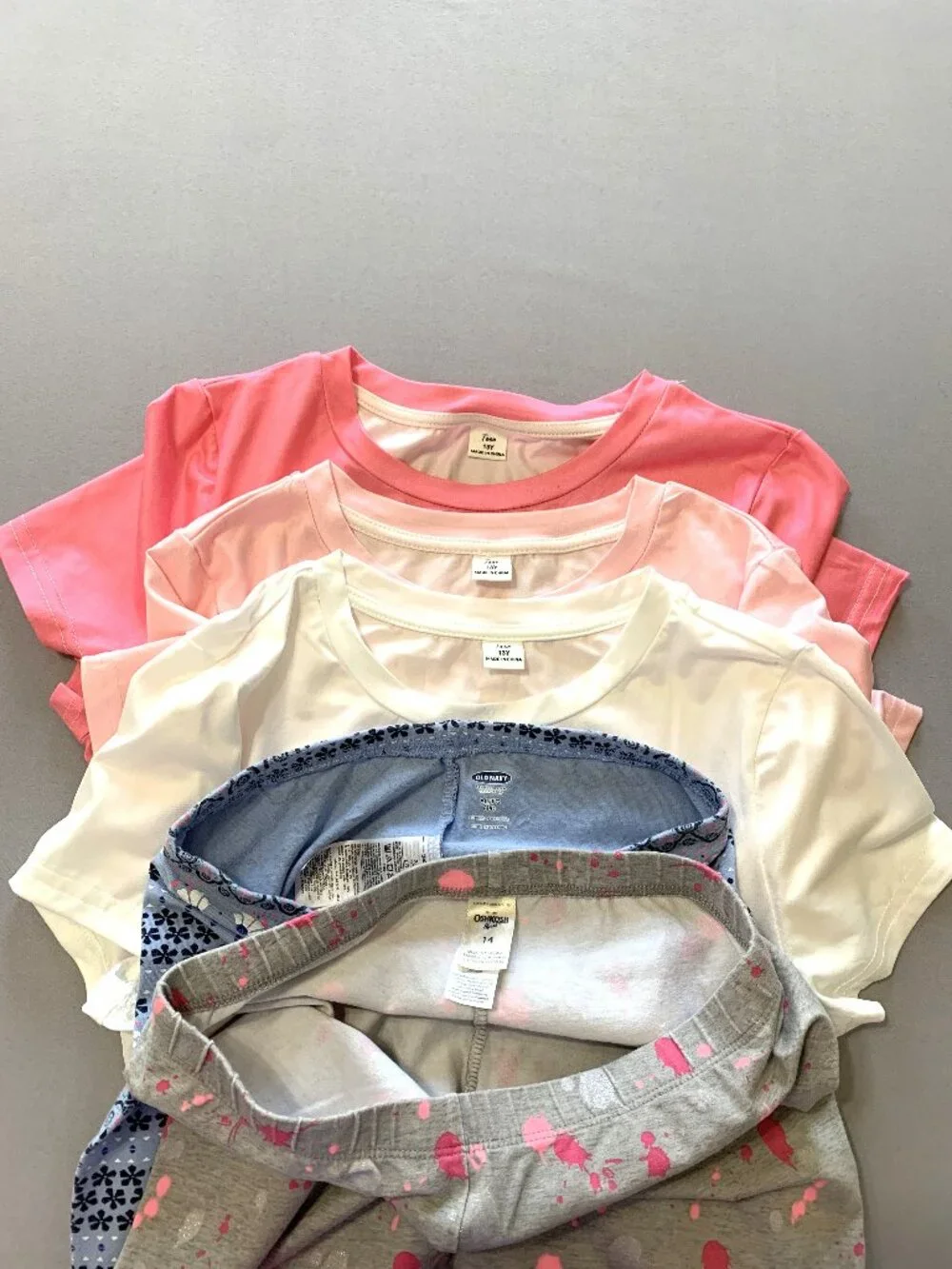 6 Piece Girls Leggings & Shirt Bundle 3 Pink/White Tees Size 13 Leggings Size 14